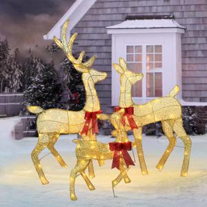 Light Up Outdoor Christmas Reindeer Family Decor, Handmade Deer Set of 3, Plug and Play, Metal Frame, Safe Waterproof Material, Perfect for Vintage Christmas Home Tree Garden Decoration, Gold, 15-20 inches