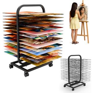 Art Drying Rack for Classroom,Art Storage Rack with 28 Removable Shelves,Metal Paint Drying Canvas Stand with Lockable Wheels, 15.15 x 10.8 inches