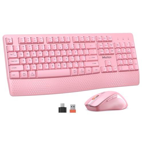 MEETION Wireless Keyboard and Mouse, Full-Sized Cordless Keyboard with Wrist Rest, 3 DPI Adjustable Mouse, Keyboard and Mouse Set with 2.4GHz USB Receiver, for PC/Computer/Laptop/Windows/Mac, Pink