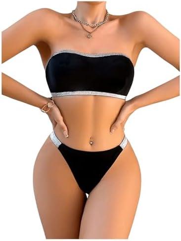 WDIRARA Women's Glitter Strapless Lingerie Set 2 Piece Bandeau Bra Panty Sets, Size M