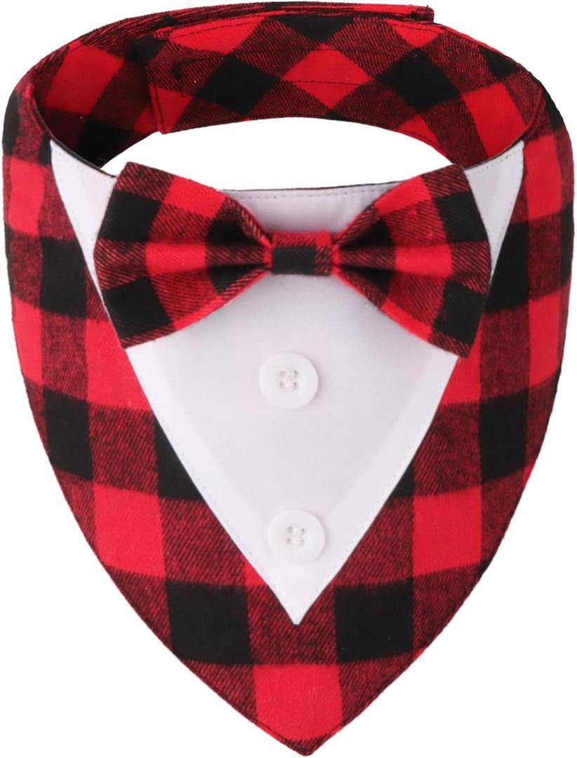 ADOGGYGO Christmas Dog Tuxedo Bandana, Red Plaid Xmas Pet Bowtie Collar, Adjustable Christmas Costumes for Medium Dogs (M)