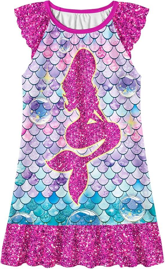 LQSZ Girls Nightgown Night Dress Flutter Sleeve Sleepwear 3-10 Years Pajamas Nightgowns for Little Girls
 6T