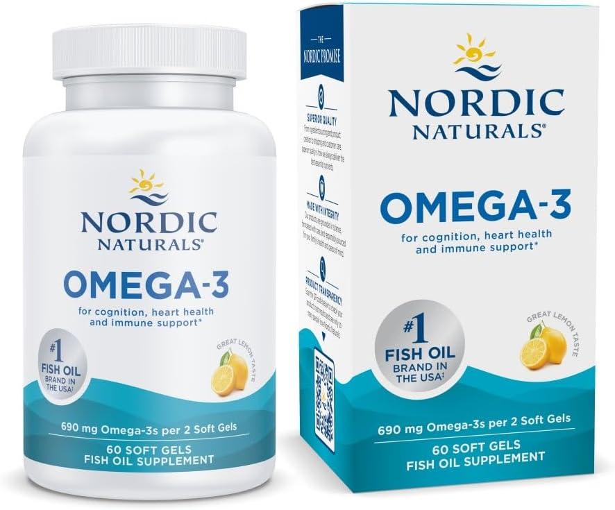 Nordic Naturals Omega-3, Lemon Flavor - 60 Soft Gels - 690 mg Omega-3 - Fish Oil - EPA & DHA - Immune Support, Brain & Heart Health, Optimal Wellness - Non-GMO - 30 Servings (60 Count (Pack of 1)) Best By 01/2028