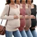 4 Pack Women's Maternity Ribbed Tops, Long Sleeve Pregnancy Tees Square Neck Slim Fit Sweaters Side Ruched Shirts (Large, Apricot, Red, Coffee,black)