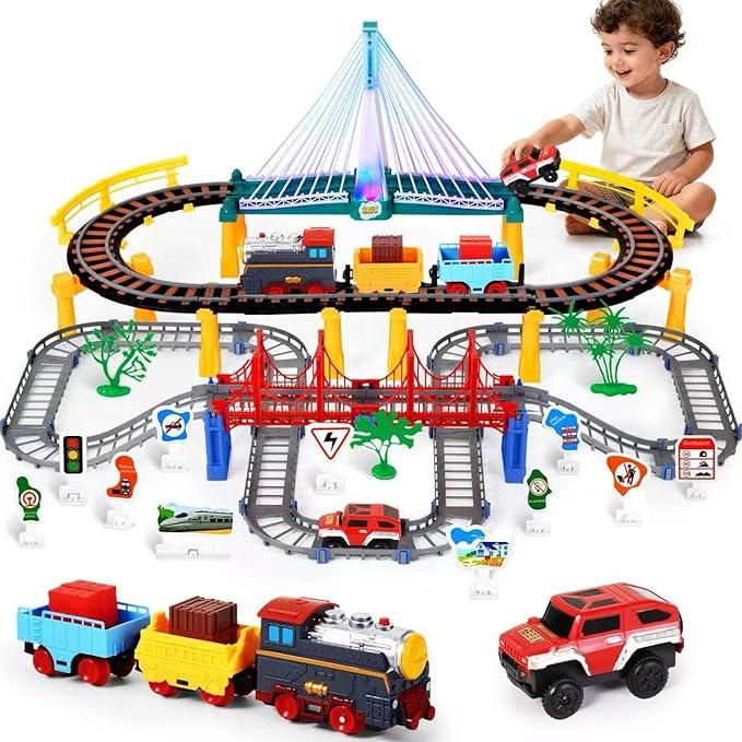 Letapapa Electric Train Set for Kids Ages 4-8, Christmas Birthday Gifts for 3 4 5 6 Year Old Boys, Train Tracks for Toddlers 3-5, Toy Trains for Boys Age 4-7 with Light-Up Bridge & Realistic Sounds