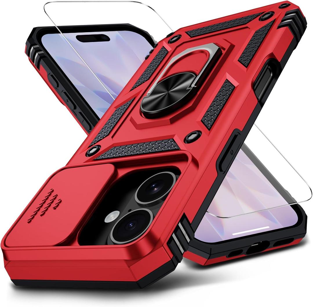 for iPhone 17 Case with HD Screen Protector & Slide Camera Cover & Rotated Ring Kickstand, [Military-Grade] Rugged Heavy Duty Protective Phone Case for iPhone 17 6.3 inch, Red