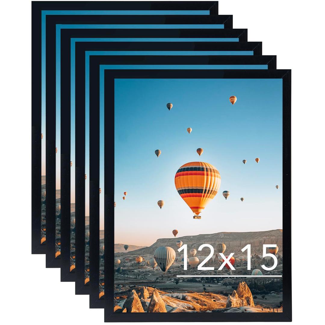 JCJMY 12x15 Black Picture Frame Set of 6, Horizontal and Vertical Formats for Wall Hanging, 12 x 15 Wall Gallery Poster Photo Frames with Durable Shatter Resistant Plexiglass, 6 Pack, Black
