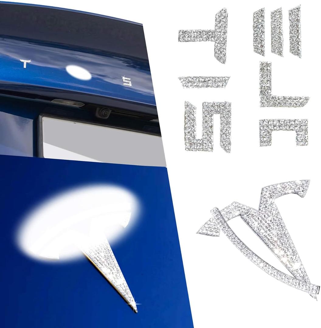 Bling Bling Rhinestone Logo Emblems for Tesla Model 3 Highland 2024, 7 Pcs Emblem Stickers for Frunk and Trunk, Bedazzled Accessories for Tesla. (Silver)