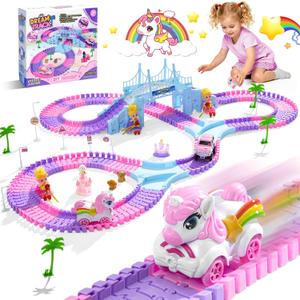 Unicorn Race Tracks for Kids Ages 3-8, 224 PCS Princess Car Toys with Magic Bendable, 2 Monster Truck, Flexible DIY Track Set, Christmas Birthday Gifts for 3 4 5 6 Year Olds Kids Toddler Girls