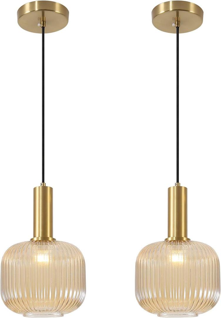 BOKT Modern 2-Pack Glass Pendant Lights Open Amber Ball Ceiling Pendant Lighting Fixture Adjustable Cord Hanging Light Lights Set of Two for Kitchen Island Entryway Dining Room