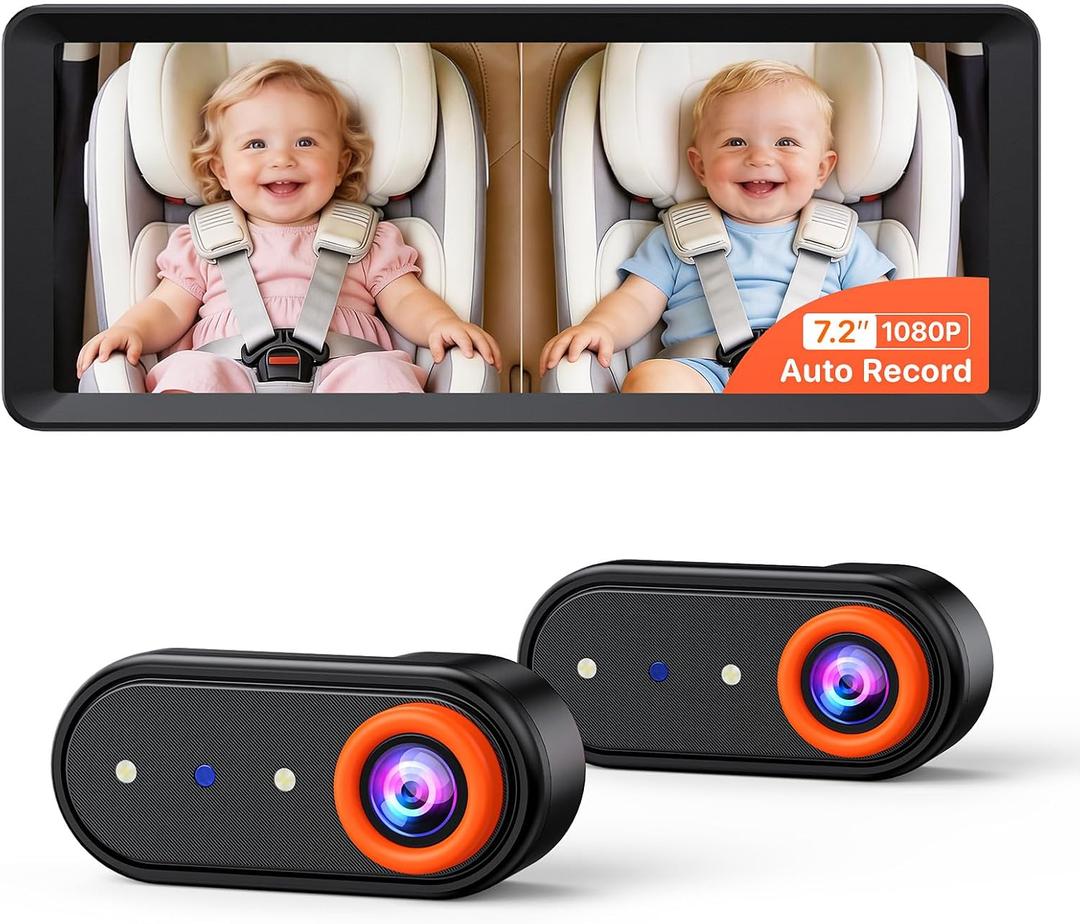 Luckview BM5 MAX 1080P Dual Baby Car Camera with Recording, 7.2" Split Monitor for 2 Kids, Dual Car Camera Baby Monitor with Auto Night Vision, Easy Installation Carseat Camera for Baby