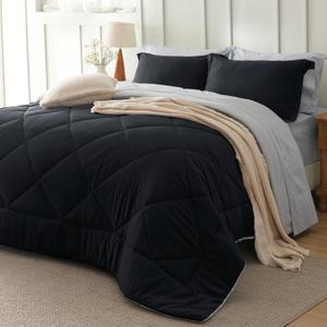 Bedsure Queen Comforter Set - 7 Pieces Reversible Black Bedding, Queen Size Bed Set for All Seasons, Bed in a Bag with Down Alternative Comforter, Sheets, Pillowcases & Shams