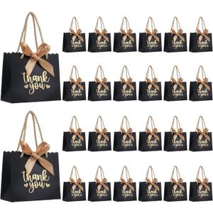 50 Pack Small Thank You Gift Bags with Handles, Black Mini Party Favor Bags 5.5''x 2.5''x4.7'', Mini Gift Bags Bulk with Bow Ribbon for Valentine's Day, Bridal, Wedding, Baby Shower