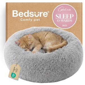 Bedsure Calming Cat Beds for Indoor Cats - Small Cat Bed Washable 20 inches, Anti-Slip Round Fluffy Plush Faux Fur Pet Bed, Fits up to 15 lbs Pets, Pale Grey