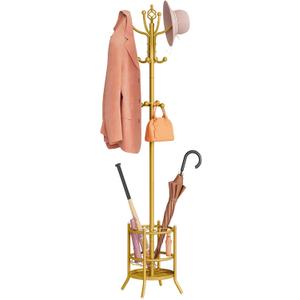 Tajsoon Coat Tree with Umbrella Holder, Coat Rack Freestanding, Coat Hangers Stand with 16 Hooks, Standing Coat Rack for Living Room, Bedroom, Office, Gold