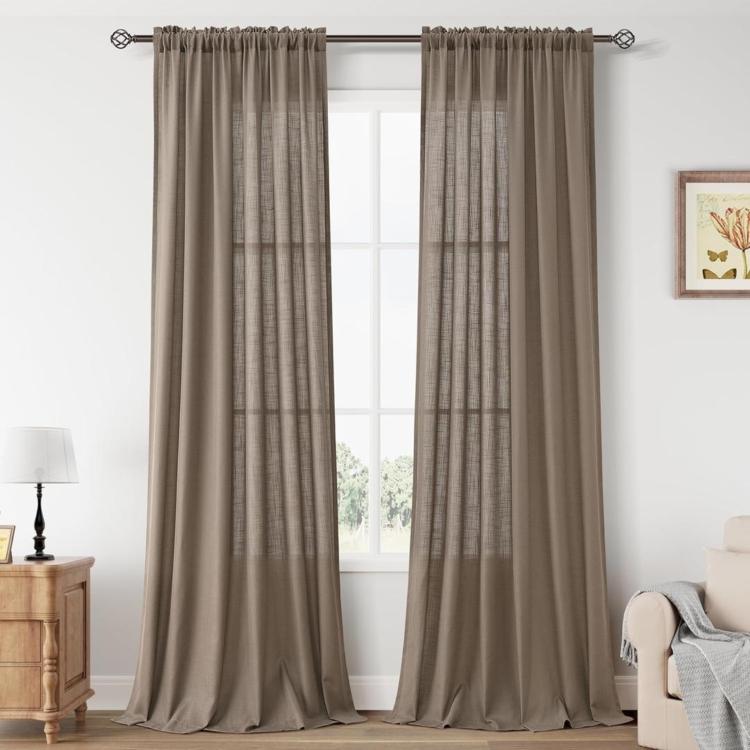 Guken Taupe Grey Linen Curtains 96 Inch Length for Living Room Bedroom 2 Panels Set Rod Pocket Light Filtering Semi Sheer Window Curtains 52 Inch Width Boho Farmhouse Linen Drapes, W52xL96