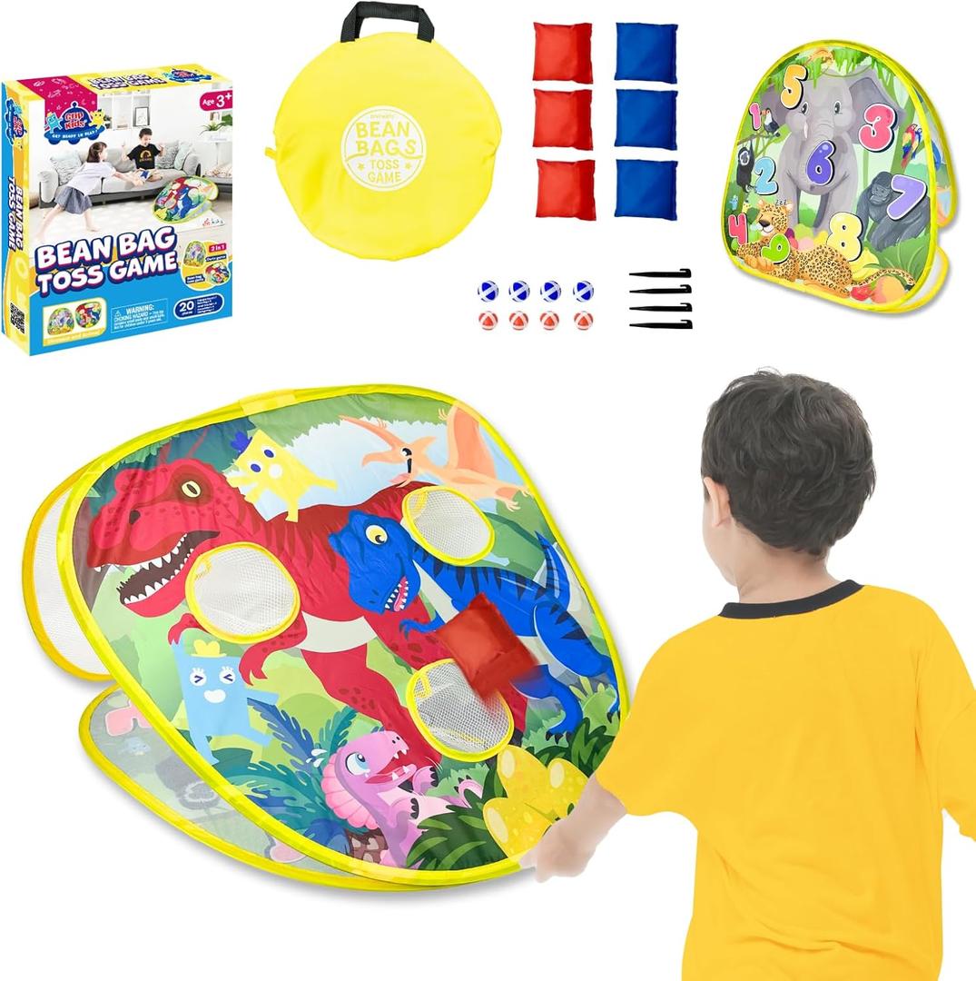 2-in-1 Dinosaur & Animal Bean Bag Toss Game Double-Sided 27" Target Board with 6 Bean Bags Outdoor & Indoor Toy for Toddlers & Kids Ages 3-6 Birthday Gift 