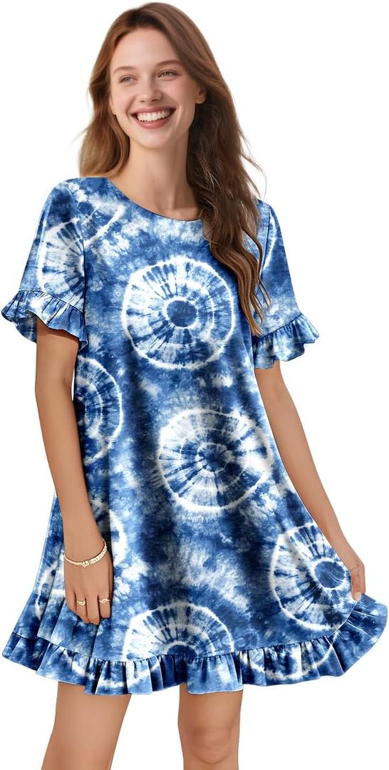 YESNO Summer Dresses for Women 2025 Floral Boho Ruffle Short Sleeve Sundresses Casual Shift Dress ESA (Blue, S)
