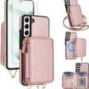 Phone Case for Samsung Galaxy S22 5G Wallet Zipper Handbag Cover and Screen Protector Crossbody Lanyard Strap 2-in-1 Magnetic Detachable Compatible with MagSafe RFID Blocking Flip S 22 Rose Gold