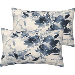 Floral Throw Pillow Covers 12x20 Inch Set of 2, Vintage Blue Flower Pillow Cases Floral Botanical Style Farmhouse Pillowcase Decorative Cushion Covers for Sofa Couch Bed Living Room (Navy)