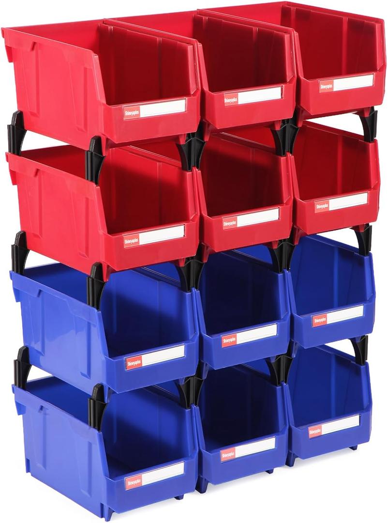 Stackable Storage Bins 12 Pack (7x5x4 Inch), Plastic Stackable Storage Organizer Bins Wall Mounted Hanging Small Parts Bin for Garage, Workbench & Office (Blue & Red)