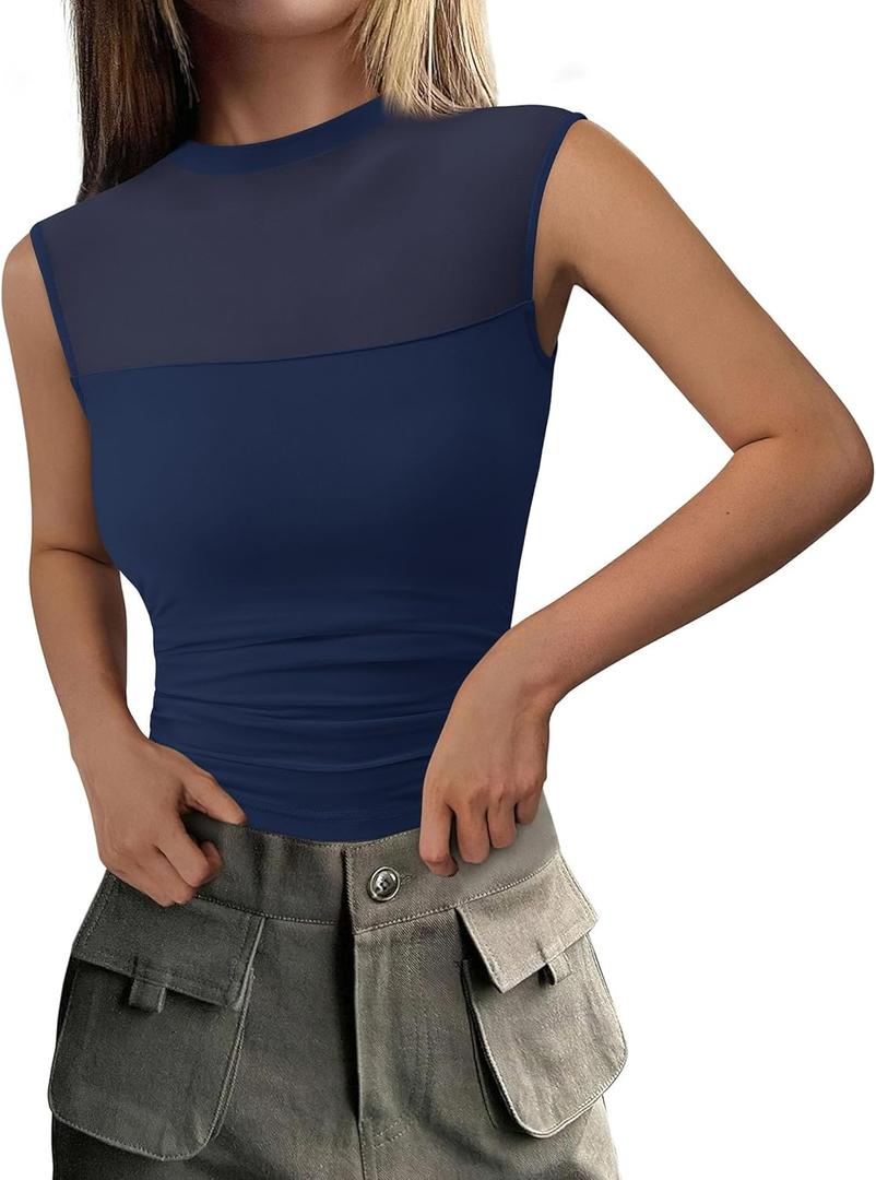 PRETTYGARDEN Women's Summer Sheer Mesh Tank Tops 2025 Trendy Casual Sleeveless Mock Neck Ruched Slim Fitted Going Out Shirts (Blue, S)