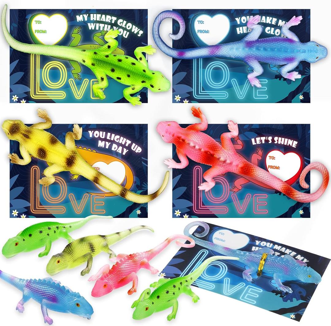 24 Pack Valentines Day Gift Cards with Glow in The Dark Lizards,Fidget Toy for for Classroom,Valentine's Gifts Exchange For School,Valentine's Party Favors for Kids, Valentine's Prizes for Kids