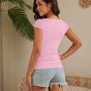 Women Shirts Crew Neck Ribbed Slim Fitted Side Ruched Basic Tops for Woman Cap Sleeve Summer Casual T Shirts Pink XL (Pink, XL)