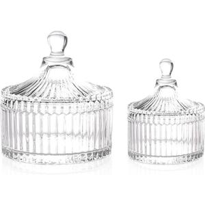 R FLORY 2 Pack Qtip Holder Apothecary Jars with Lids Glass Q Tip Holder for Bathroom Set Decorative Jars Crystal Bowl Jar Organizer for Cotton Swabs, Balls, Pads, Floss Picks (Transparent 10+24oz)