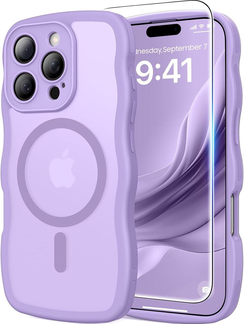 3 in 1 Magnetic for iPhone 16 Pro Max Case, 1X Screen Protector+1X Wrist Strap, Cute Wavy [Full Camera Protection] [Fit for MagSafe], Trendy Women Girls Case for iPhone 16 Pro Max 6.9", Light Purple