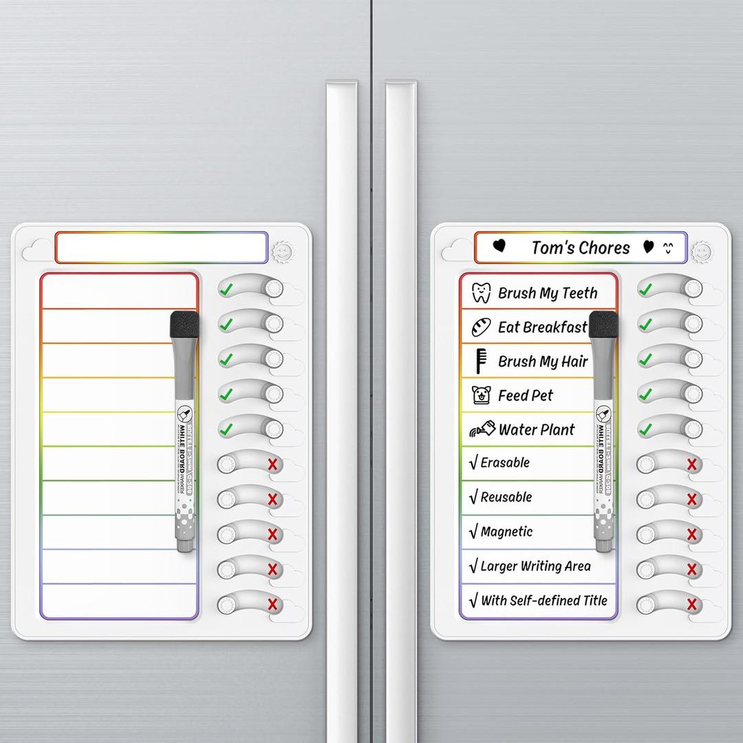Chore Chart for Kids Dry Erase Chore Board ADHD Tools for Kids to Do List Checklist Task Board Routine Chart Planning Board for Fridge with 10 Sliders and Magnetic Marker, White and Rainbow, 2 Pack