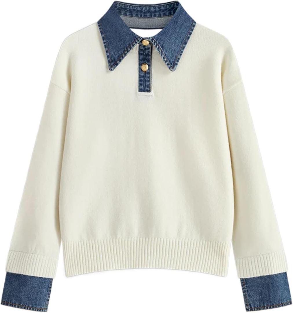 Womens Denim Lapel Sweater Oversized Long Sleeve Button Down Polo Knit Pullover Sweaters 2025 Fall Outfits (Large, White)