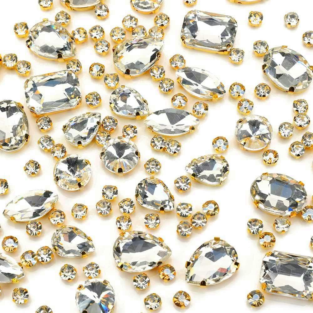 Clear Sew On Rhinestones, Choupee Gold Prong Setting Rhinestone 130PCS Sewing Claw Rhinestone Mixed Shapes Sew On Glass Gems for Jewelry, Clothes, Costume, Shoes,Dress, Garments