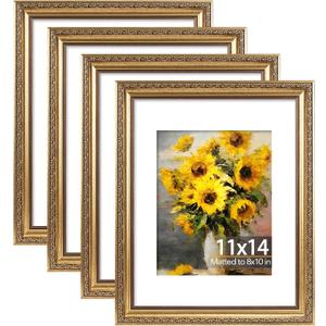 JCJMY 11x14 Vintage Picture Frame with 8x10 Mat Set of 4, Elegant Retro 11 by 14 Photo Frame with Shatter-Resistant Plexiglass for Wall Hanging, Gallery Decor & Gift, Gold, 4 Pack