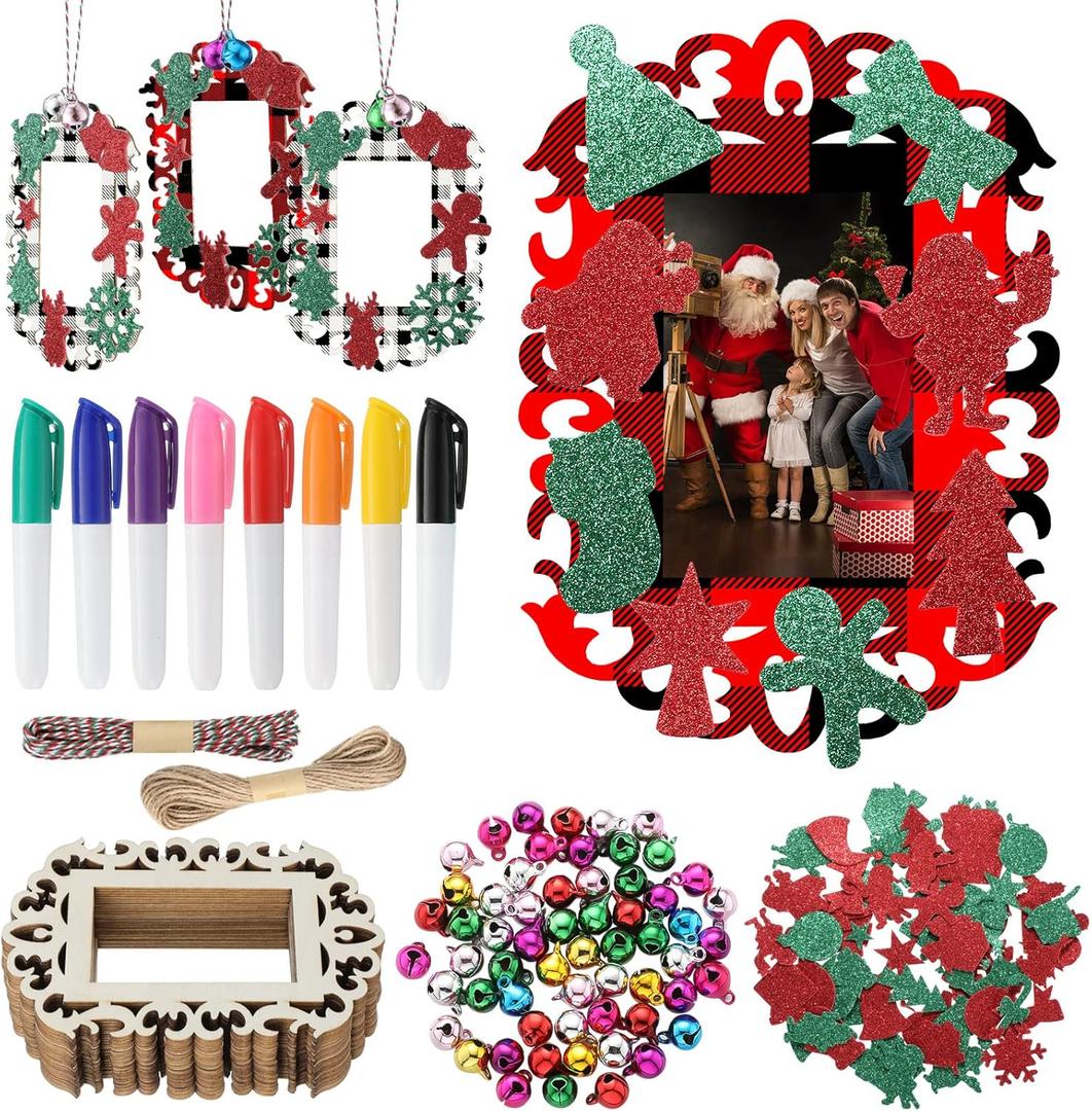 Youyole 144 Pcs Christmas Picture Frame Ornament 24 Pcs Unfinished Wooden Photo Cutouts with Bells EVA Wood Slices Colored Markers for Christmas DIY Craft Decoration(Classic Styles)