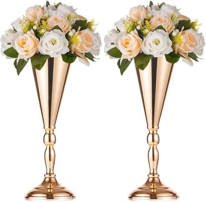 20 Pcs Set Metal Wedding Flower Trumpet Vase Stand, 14 Inch Table Decorative Centerpiece Artificial Flower Arrangements for Anniversary Ceremony Party Birthday Event Aisle Home Decoration (Gold)