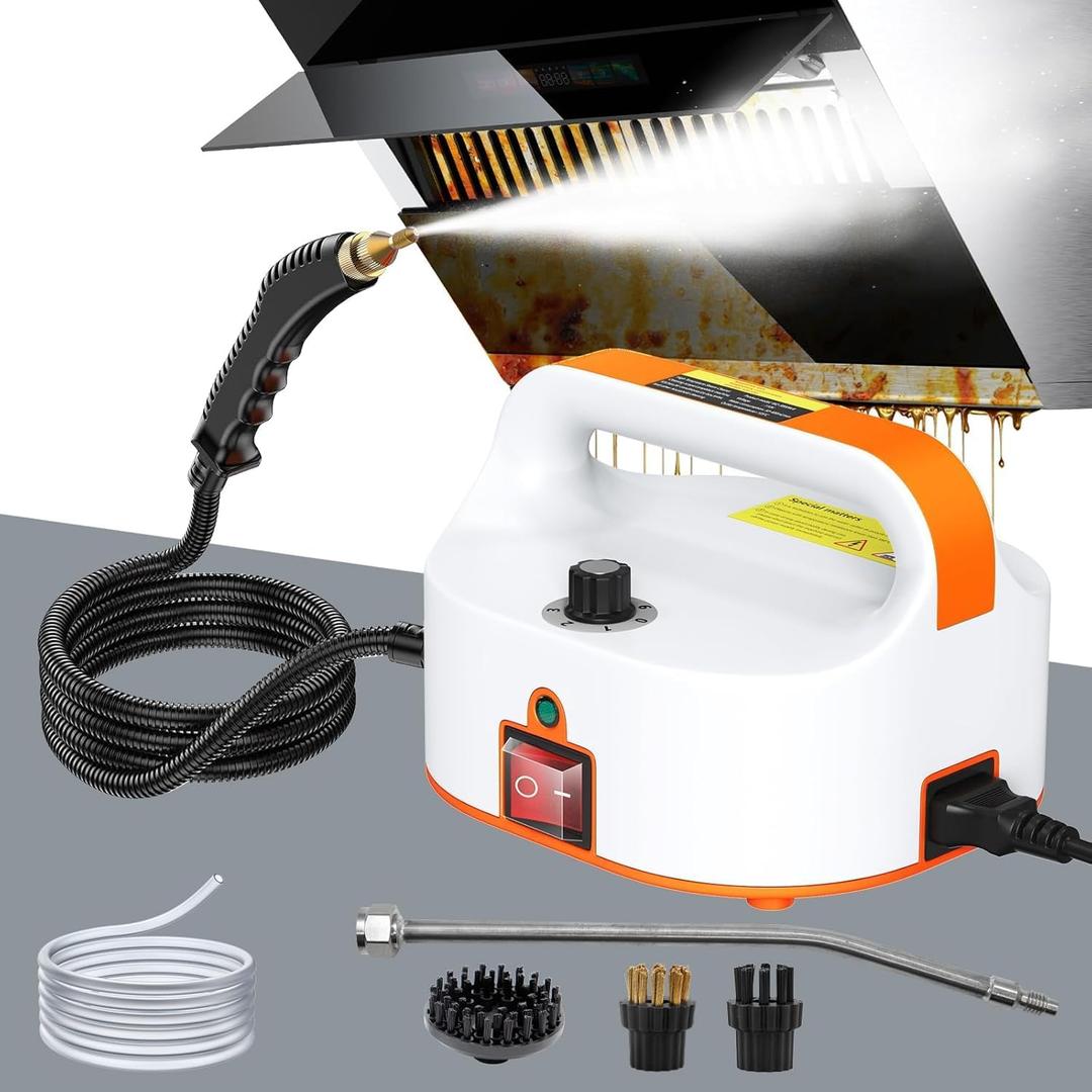 4.5BAR Handheld Steam Cleaner, 2500W Portable Steam Cleaner for Home for Car Kitchen Furniture Floors Cleaning, Tankless Design, 6-Speed Pressurized Steam Machine with 3 Brush Heads, Orange (White)