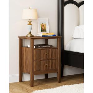 Fluted Nightstand, Farmhouse Night Stand with 2 Drawers, Mid Century Modern Side Accent Table,Bedside End Table for Bedroom, Living Room, Brown
