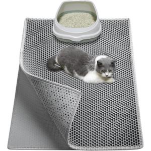 Cat Litter Box Mat, Large 30" X 24" EVA Litter Trapping Mat, Double Layer Honeycomb Holes Scatter Control, Gray