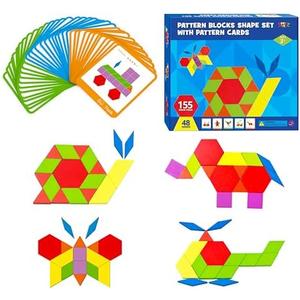 155 PCS Wooden Pattern Blocks Set, 24 Double-Sided Design Cards(48 Patterns) Geometric Shape Puzzle Fun Tangram Montessori Learning Toys for Kids Ages 4-8 (A Storage Bag & A Gift Box)