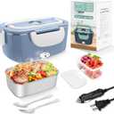 Electric Heated Lunch Boxes Adults: 80W Electric Lunch Box Food Heated 12/24/110V 1.5L Heatable Lunch Box for Car/Truck/Office Leak-Proof Stainless Steel Container,Fork & Spoon,Bag (Light Blue+White)