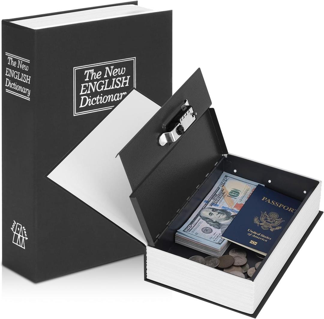 KYODOLED Diversion Book Safe with Combination Lock, Secret Hidden Metal Lock Box,Money Hiding Collection Box,9.5" x 6.2" x 2 .2" Black Large