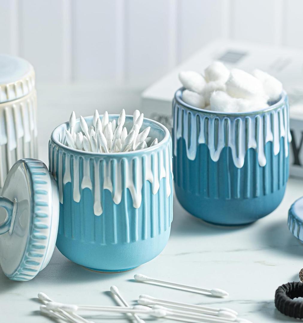 Qtip Holder Dispenser Bathroom Canisters with Lid, Apothecary Jar Containers for Vanity Makeup Organizer Storage - 14 oz Ceramic Jar for Cotton Swab Cotton Round Pads Floss Picks Hair Clips, Teal Blue