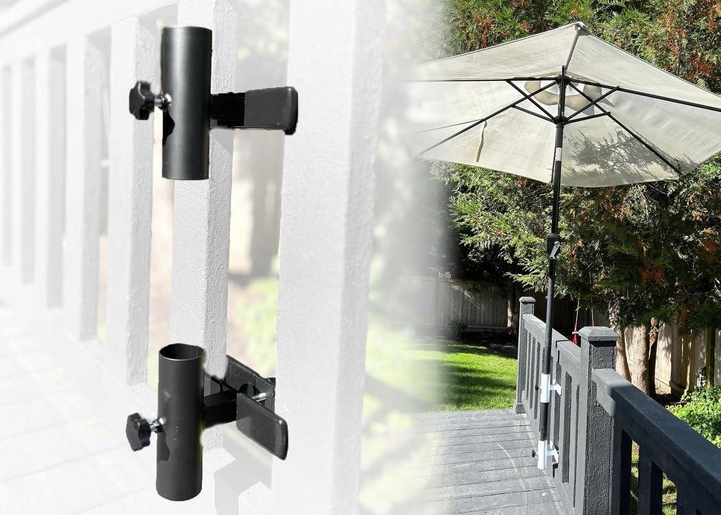 | Patio Umbrella Holder | 2 Piece Split Design | Outdoor Umbrella Base and Mount | Attaches to Railing Maximizing Patio Space and Shade