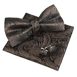 2 Pack Alizeal Mens Paisley Bow Tie, Pocket Square, Cufflinks Set (Coffee)