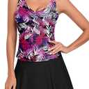Women's Tankini Swimsuits Two-Piece Bathing Suits Swimdress Twist Cross Tummy Control Beach Swimwear Top Swim Skirt (XX-Large, Pink Leaf)