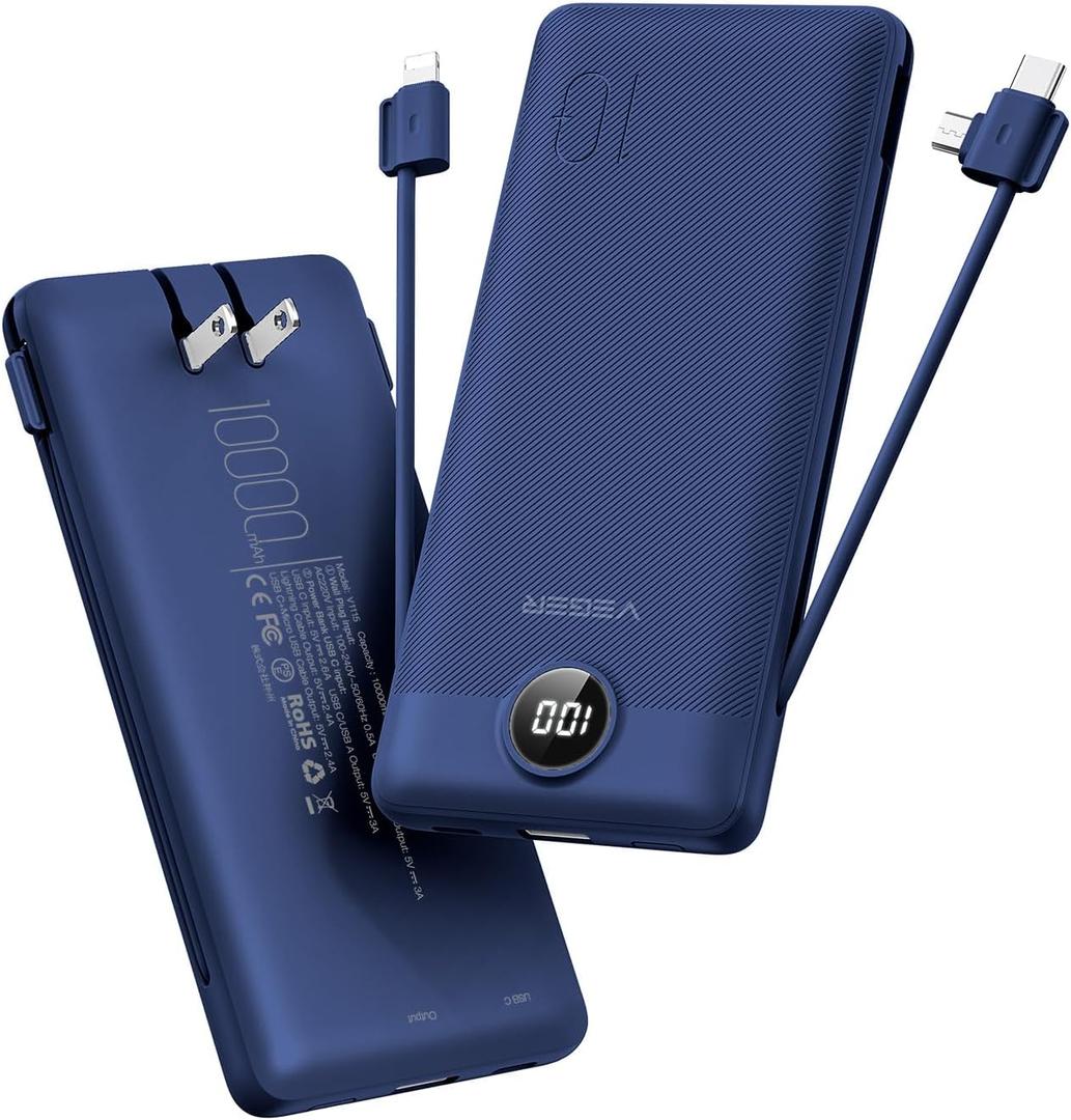 VEGER Portable Charger with Built-in AC Plug and Cables, All in One 10000mAh Ultra Slim Power Bank Travel Essentials, 15W Fast Charging Battery Pack Compatible with iPhone, Samsung, Android (Navy)