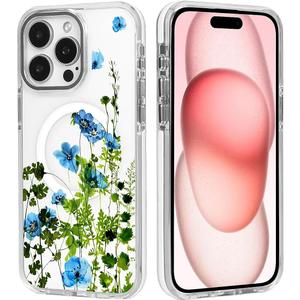 DAIZAG Magnetic Case for iPhone 16,Dried Fruit Flower Blue Design On Clear Base Compatible with MagSafe,Drop Protection Shockproof Case for iPhone 16 White