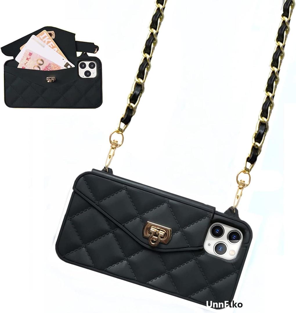 UnnFiko Wallet Phone Case Compatible with iPhone 16, Cute Light Luxury Bag Design, Purse Flip Card Pouch Cover Soft Silicone Case with Handstrap Long Shoulder Strap (Black, iPhone 16)