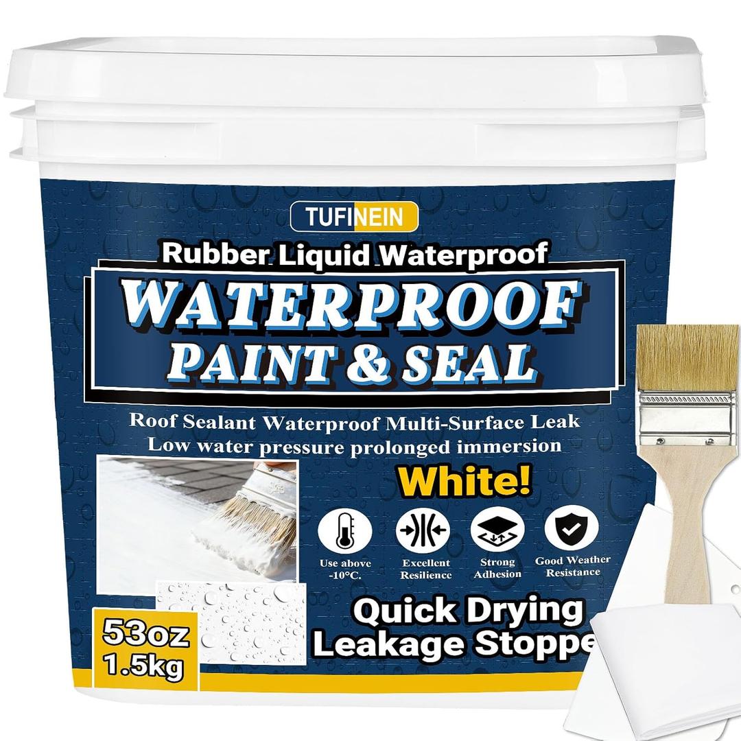 Rubber Liquid Waterproof Sealant, TUFINEIN 53oz/1.5kg White Quick Drying Multi Surface Foundation Leak Repair - Roof Gutters Basement Sealer Waterproof - Indoor & Outdoor Flexible Rubber Paint